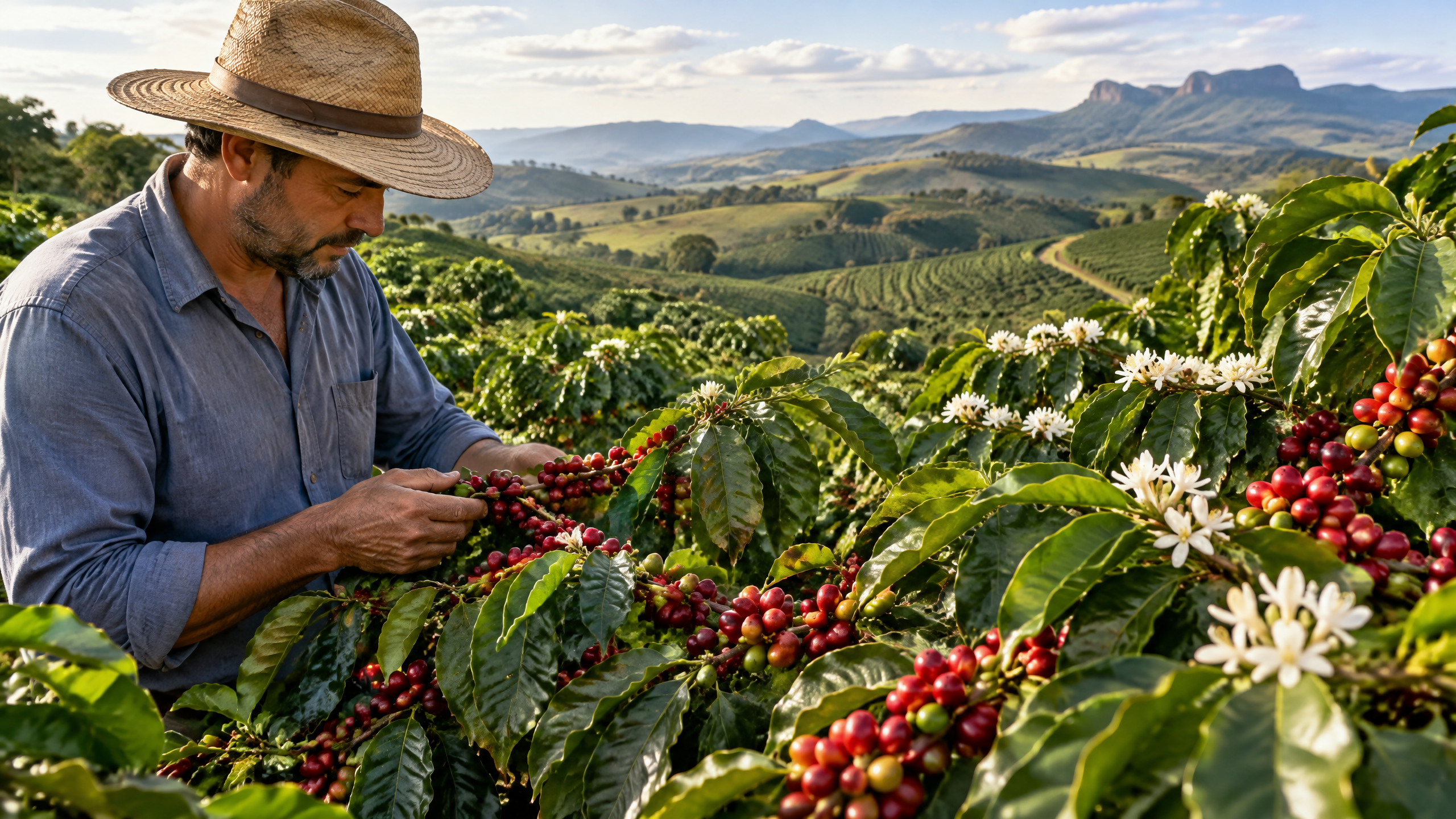 Produtor observa café maduro e flores em lavoura do Cerrado Mineiro