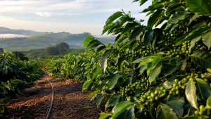 Lavoura de café com frutos verdes e linha de irrigação por gotejamento em paisagem de Minas Gerais