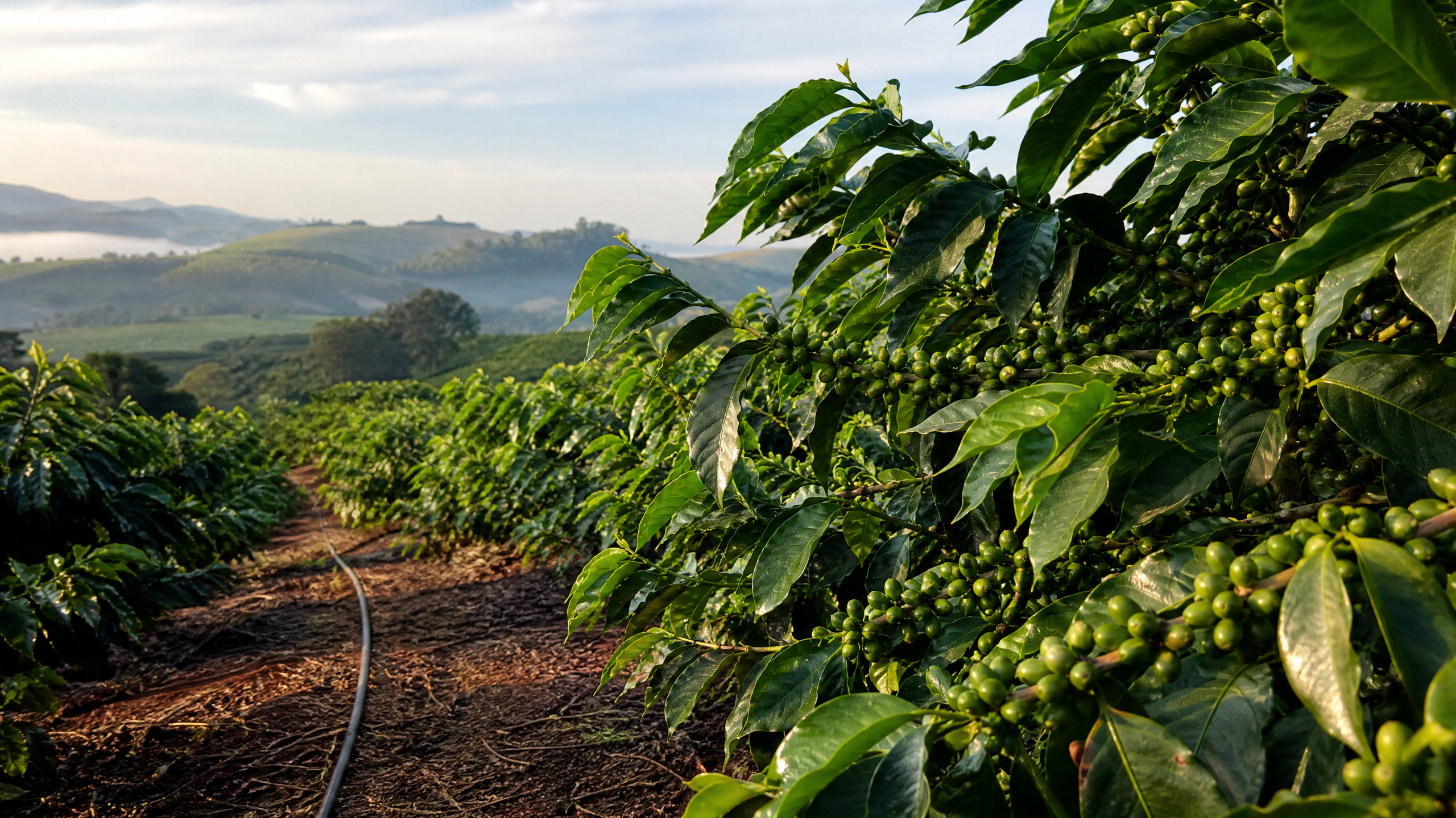 Lavoura de café com frutos verdes e linha de irrigação por gotejamento em paisagem de Minas Gerais