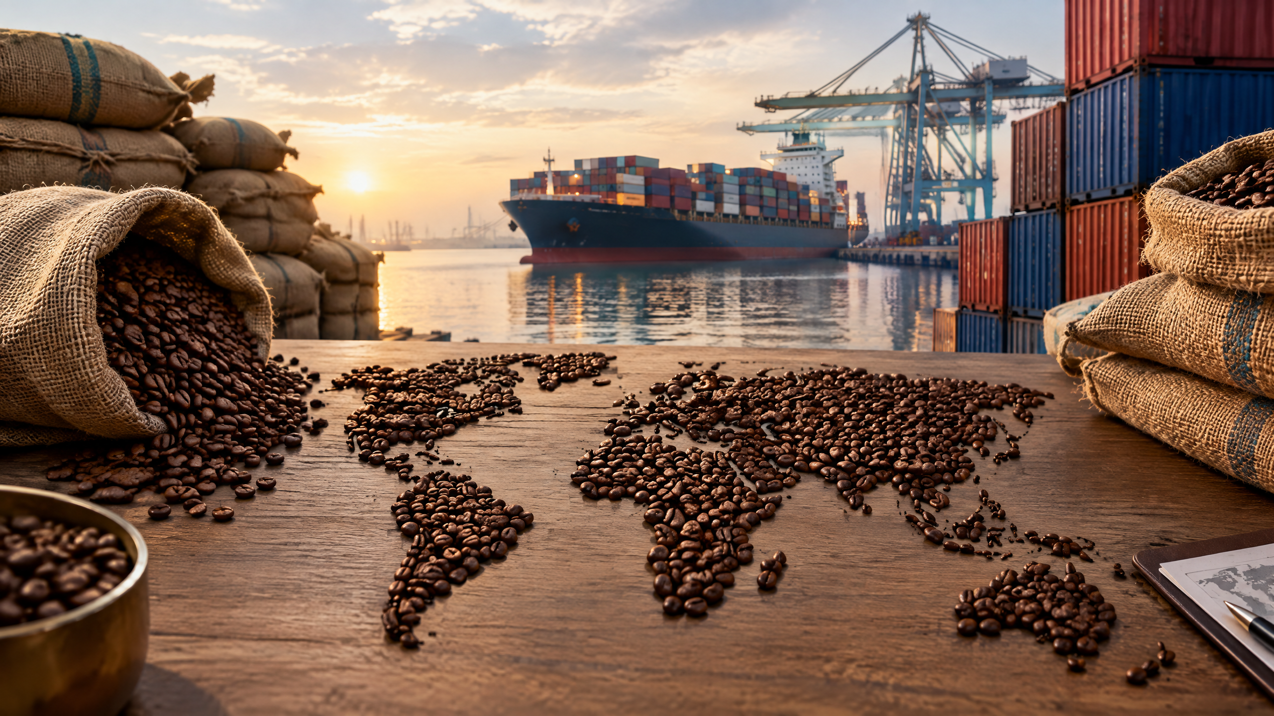 Sacas e grãos de café representando o mercado global em terminal de exportação